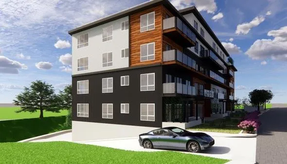 Perspective rendering of the side and rear of the building, showing a parking area with a car and the transition of building materials.