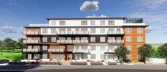 Front elevation architectural rendering of the building highlighting its symmetrical design and various exterior materials.