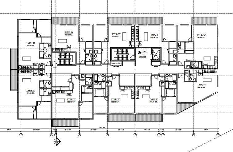 Detailed architectural floor plan for a multi-unit residential building, showing unit types, square footages, common areas, and dimensions.
