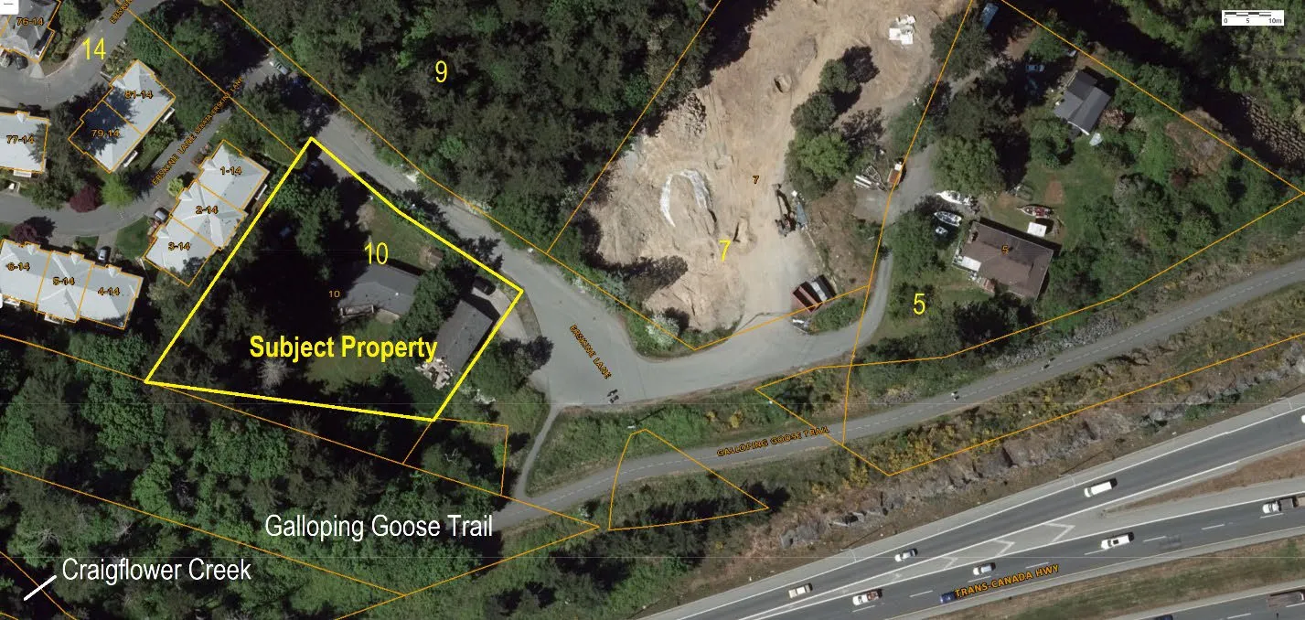 Aerial map of the subject property at 10 Erskine Lane showing the surrounding context including Galloping Goose Trail, Craigflower Creek, and the Trans Canada Highway.