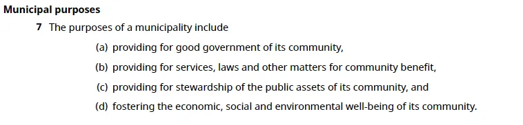 Excerpt from Section 7 of the Community Charter regarding Municipal Purposes