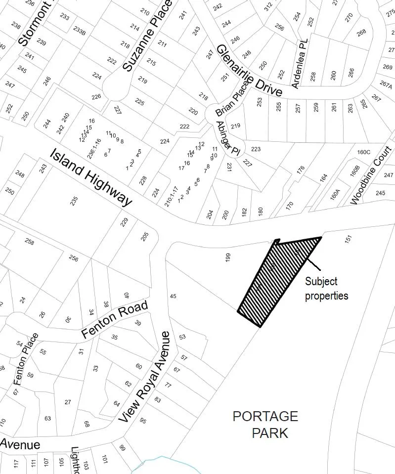 Zoning map showing subject properties near Island Highway and View Royal Avenue, adjacent to Portage Park. The map displays various street names including Stormont, Suzanne Place, Glenairlie Drive, Ardenlea Pl, Brian Place, Abinger Pl, Woodbine Court, Fenton Place, and Fenton Road, along with individual property lot numbers.