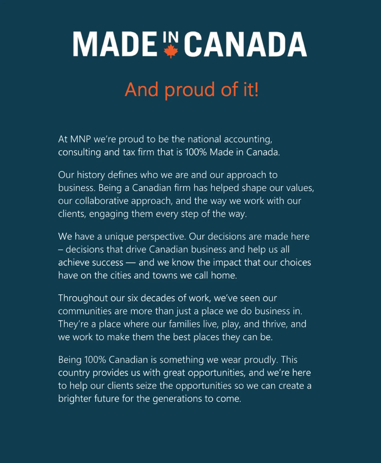 Promotional graphic titled "MADE IN CANADA And proud of it!" with text describing MNP as a 100% Canadian firm.
