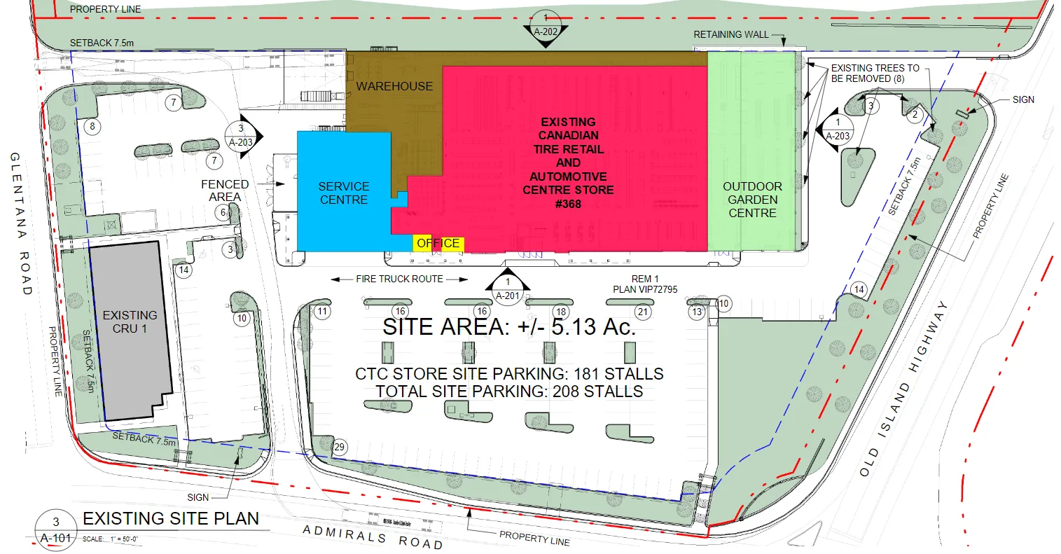 Existing site plan showing store parking and current building layout