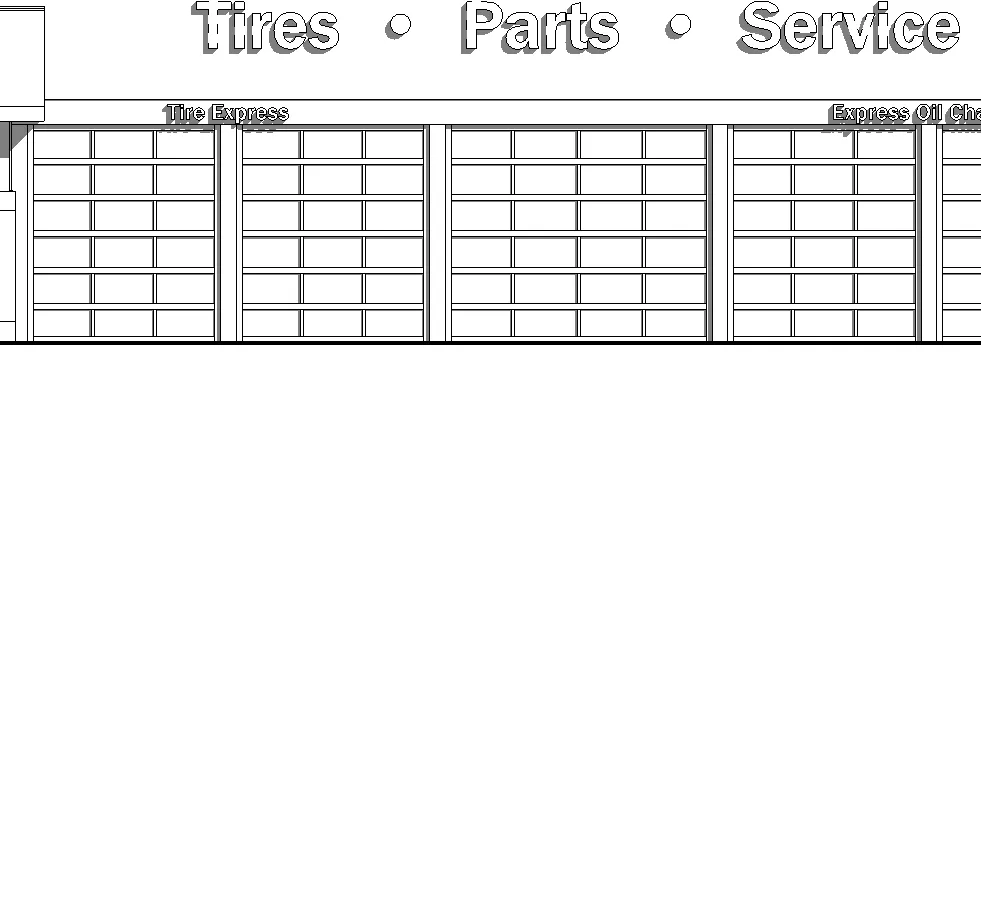 Detail of "Tires • Parts • Service" signage on existing elevation