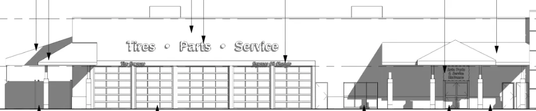 Architectural elevation drawing of the Tires, Parts, and Service section of the building