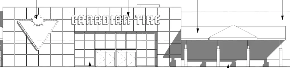 Architectural elevation drawing of the main Canadian Tire storefront and entrance