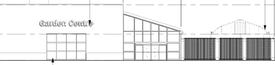 Architectural elevation drawing of the Garden Centre and greenhouse section