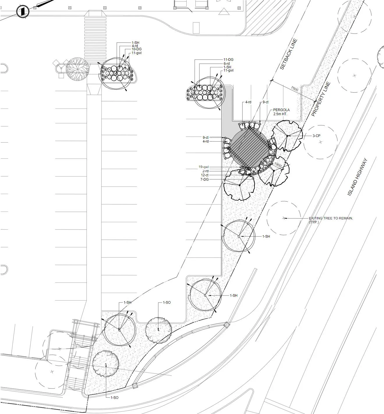 Proposed landscape plan showing reconfigured site access, new tree plantings, and a pergola area