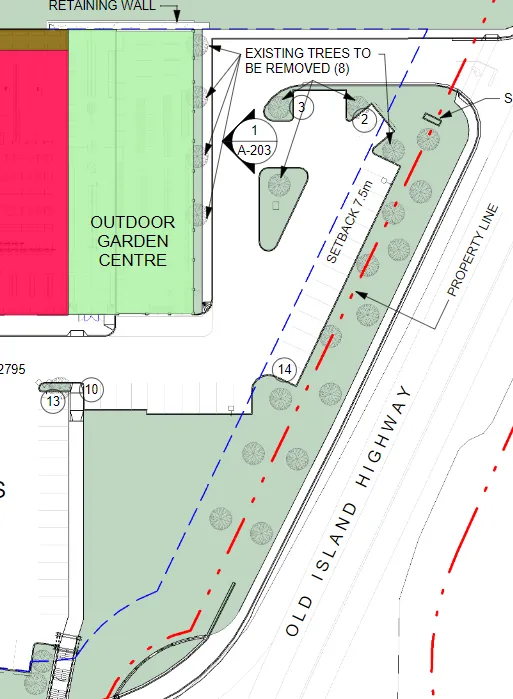 Existing landscape plan showing the location of the outdoor garden centre and 8 trees to be removed along the Old Island Highway