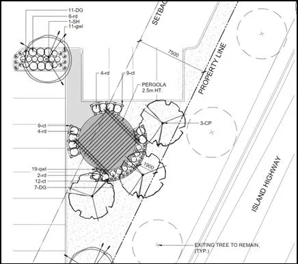 Site plan diagram showing a proposed pergola structure, landscaping details, and property line proximity to Island Highway