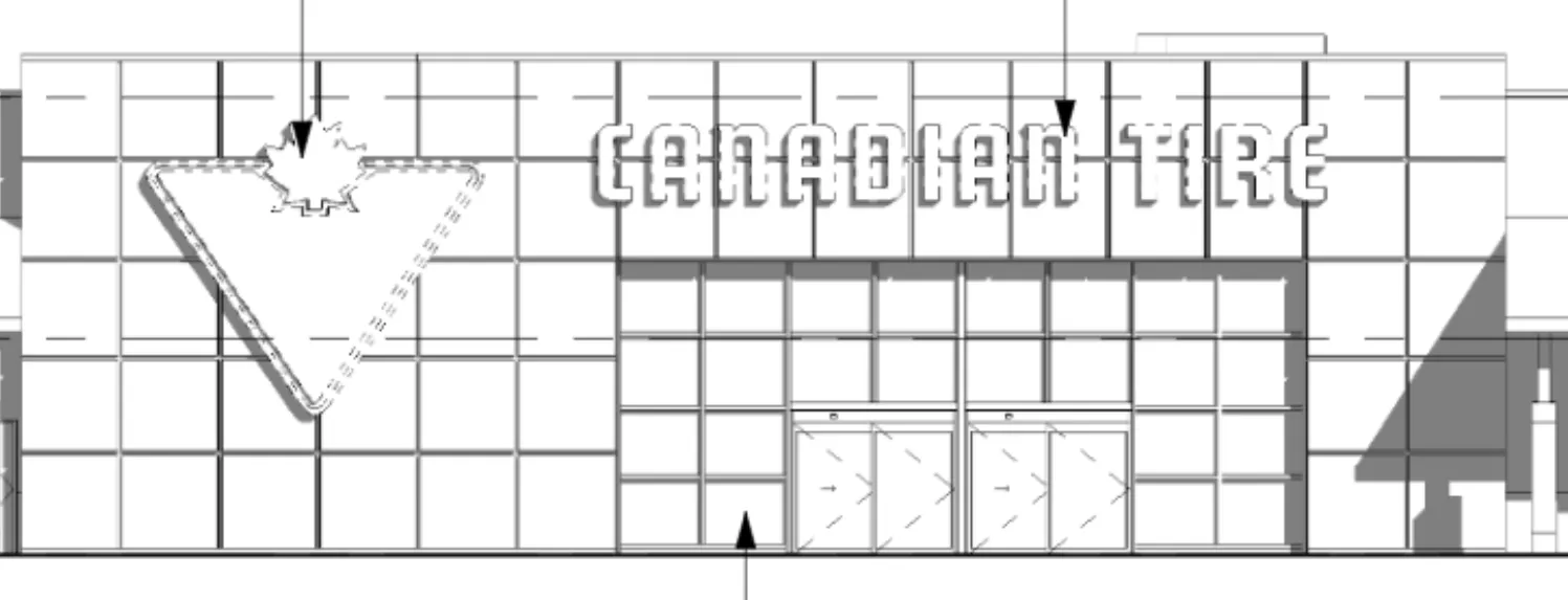 Architectural elevation drawing of the existing building facade showing current signage
