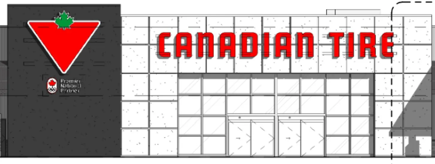 Architectural elevation drawing of the proposed building facade with updated signage design