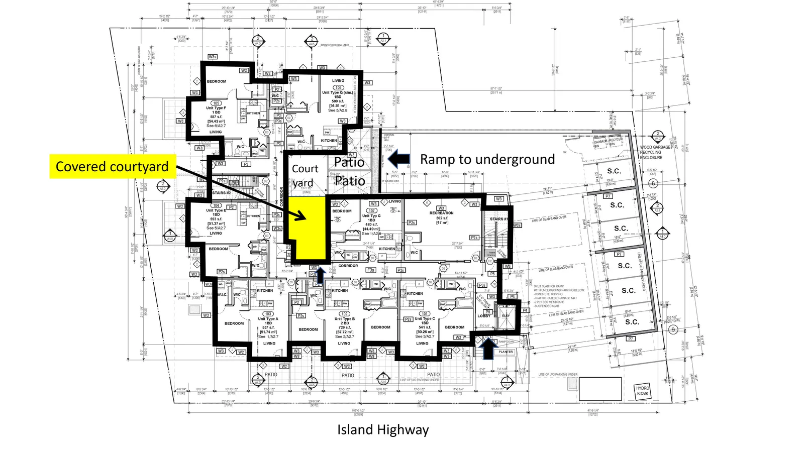 Ground floor plan of 280 Island Highway showing covered courtyard, patios, and ramp to underground parking