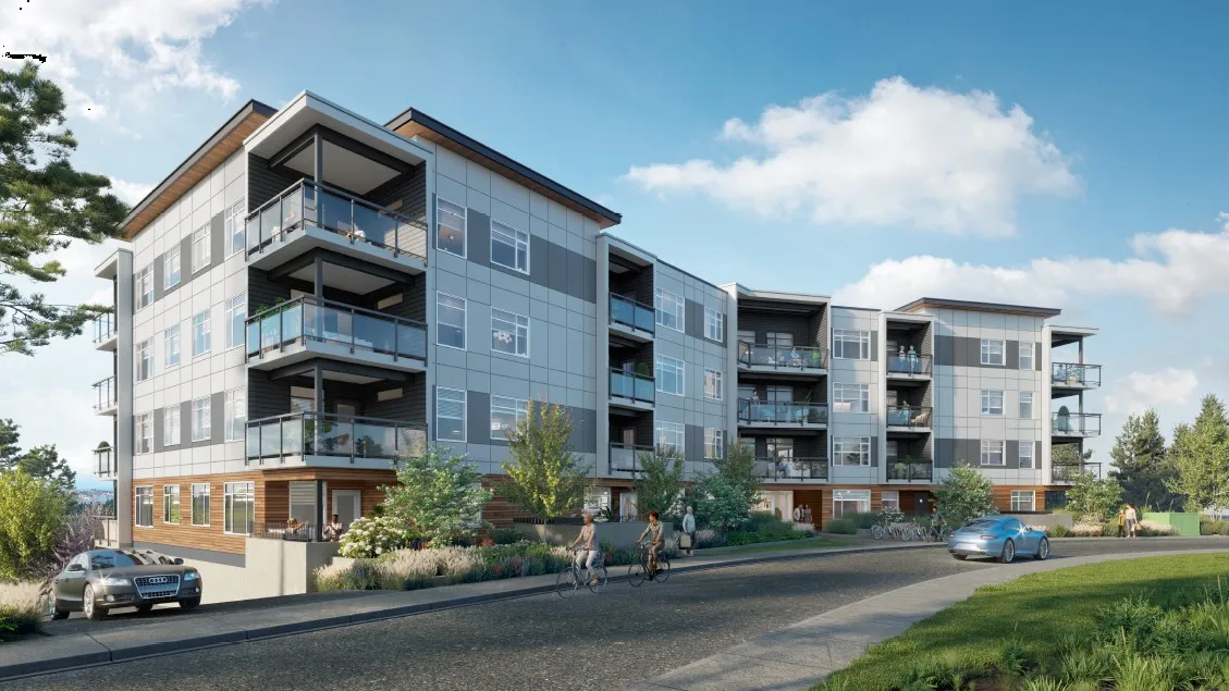 Building Front rendering showing the five-storey apartment and landscaping