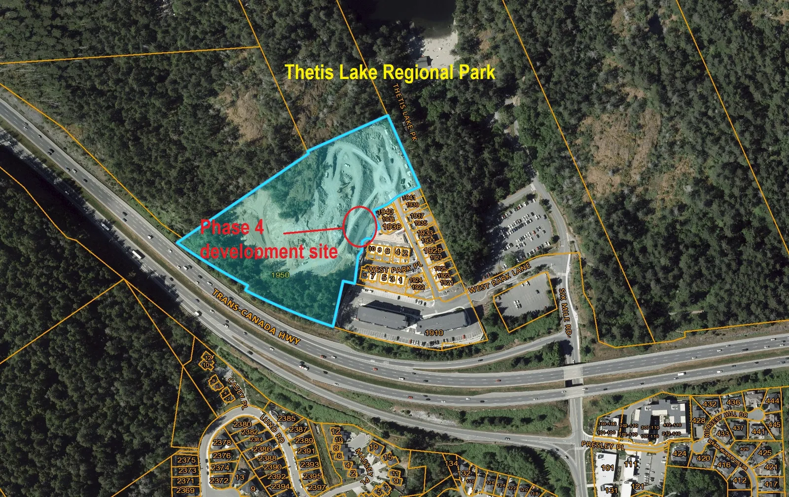 Aerial photograph showing Thetis Lake Regional Park and the surrounding area. A blue highlighted polygon identifies the "Phase 4 development site" with a red circle and arrow pointing to a central location. The map includes parcel boundaries, numerical lot identifiers, and road names such as Trans-Canada Hwy, West Park Lane, Six Mile Road, Lund Road, Presley Place, and Nursery Hill Drive.