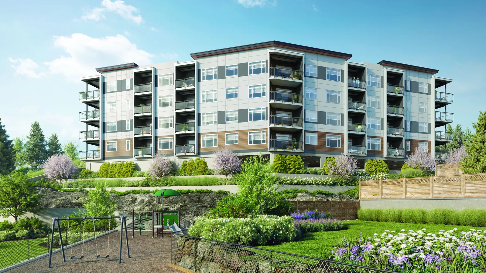 Rendering showing the rear view of the apartment building from a playground area