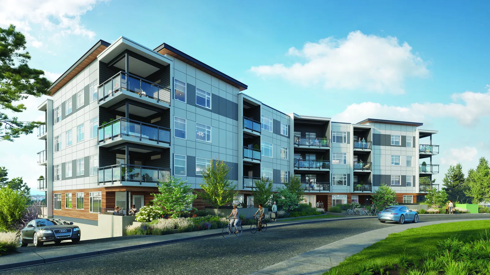 Rendering showing the front view of the apartment building from the street