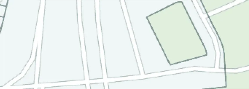 Map detail of buildings and curved roadways