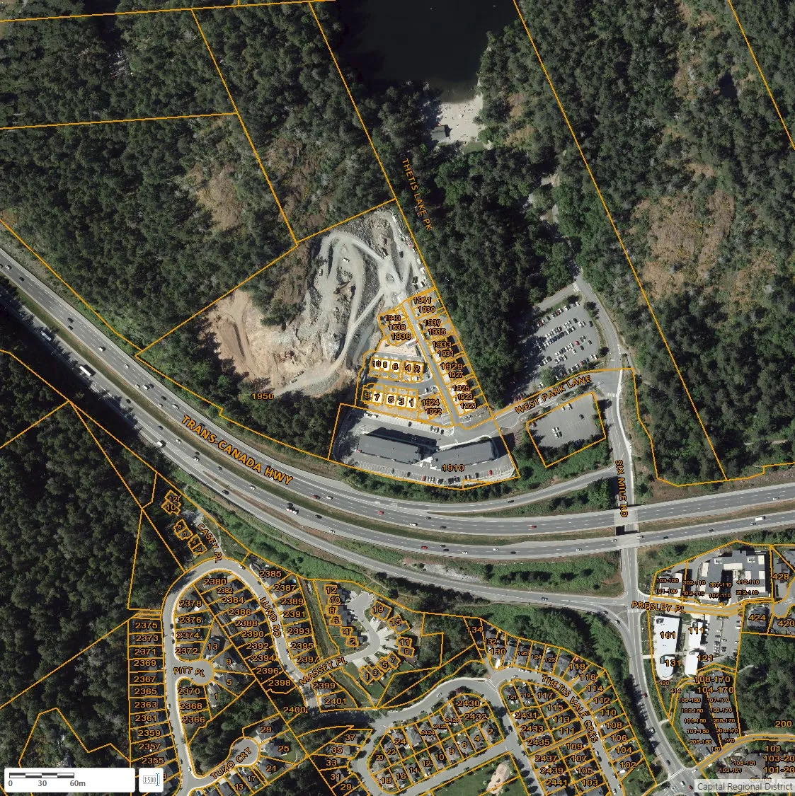 Aerial map showing the subject property at 2000 West Park Lane, adjacent to Thetis Lake Regional Park and the Trans-Canada Highway.