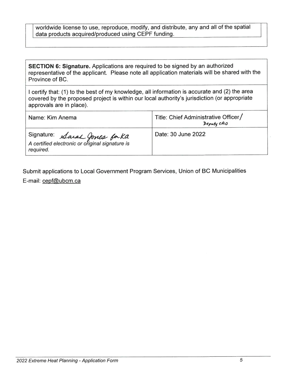 Page 5 of application form
