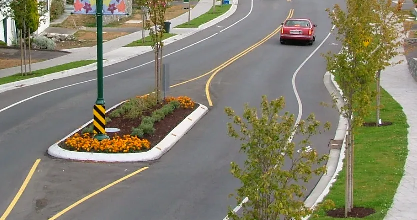 Detail of flowering plants and a utility pole with a floral banner on Helmcken Road