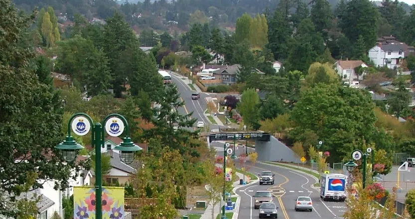 Elevated view of traffic and residential landscaping along Helmcken Road
