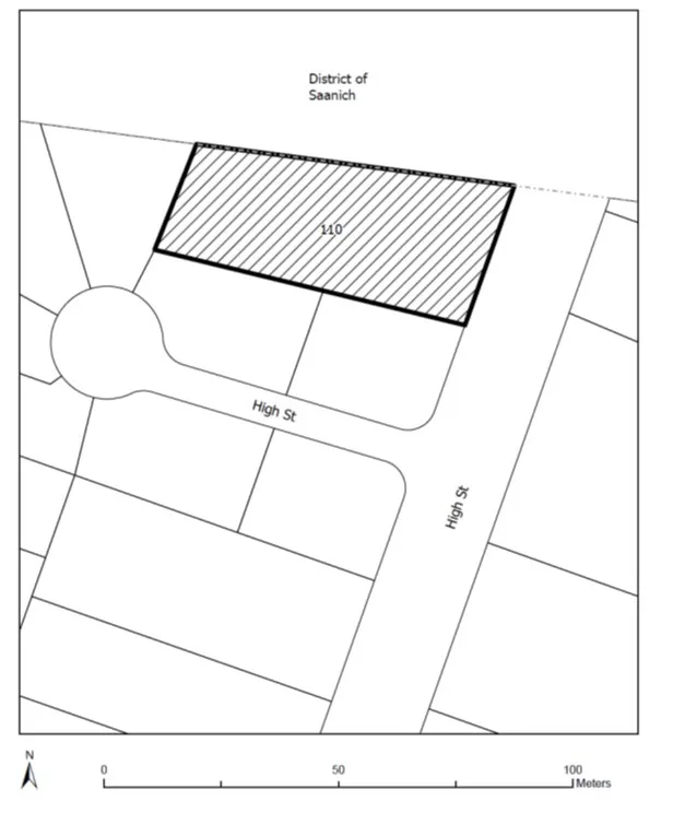 Subject property map for 110 High Street showing a hatched rectangular parcel labeled 110, located along High St and adjacent to the District of Saanich border