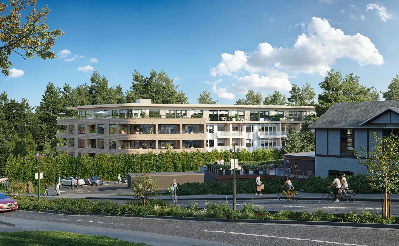 Architectural rendering of the Portage Park Residences building from the street level, facing east