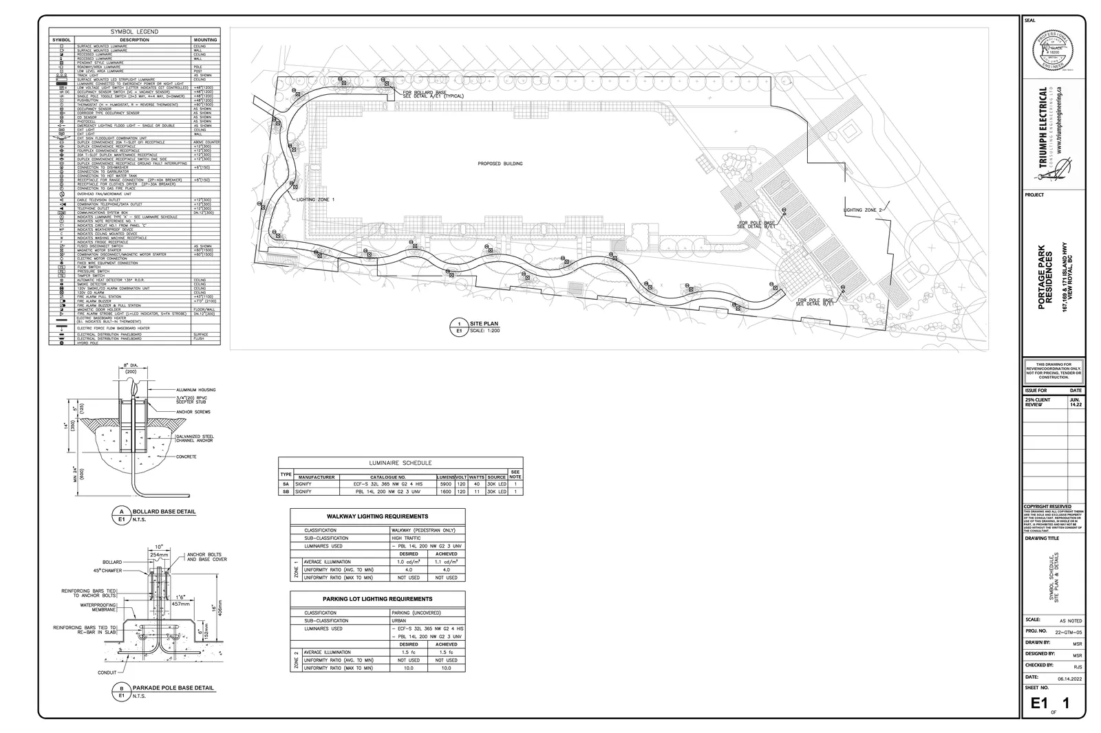 Site Plan at 1:200 scale showing a proposed building, lighting zone 1, and lighting zone 2, with locations for bollard bases and pole bases.