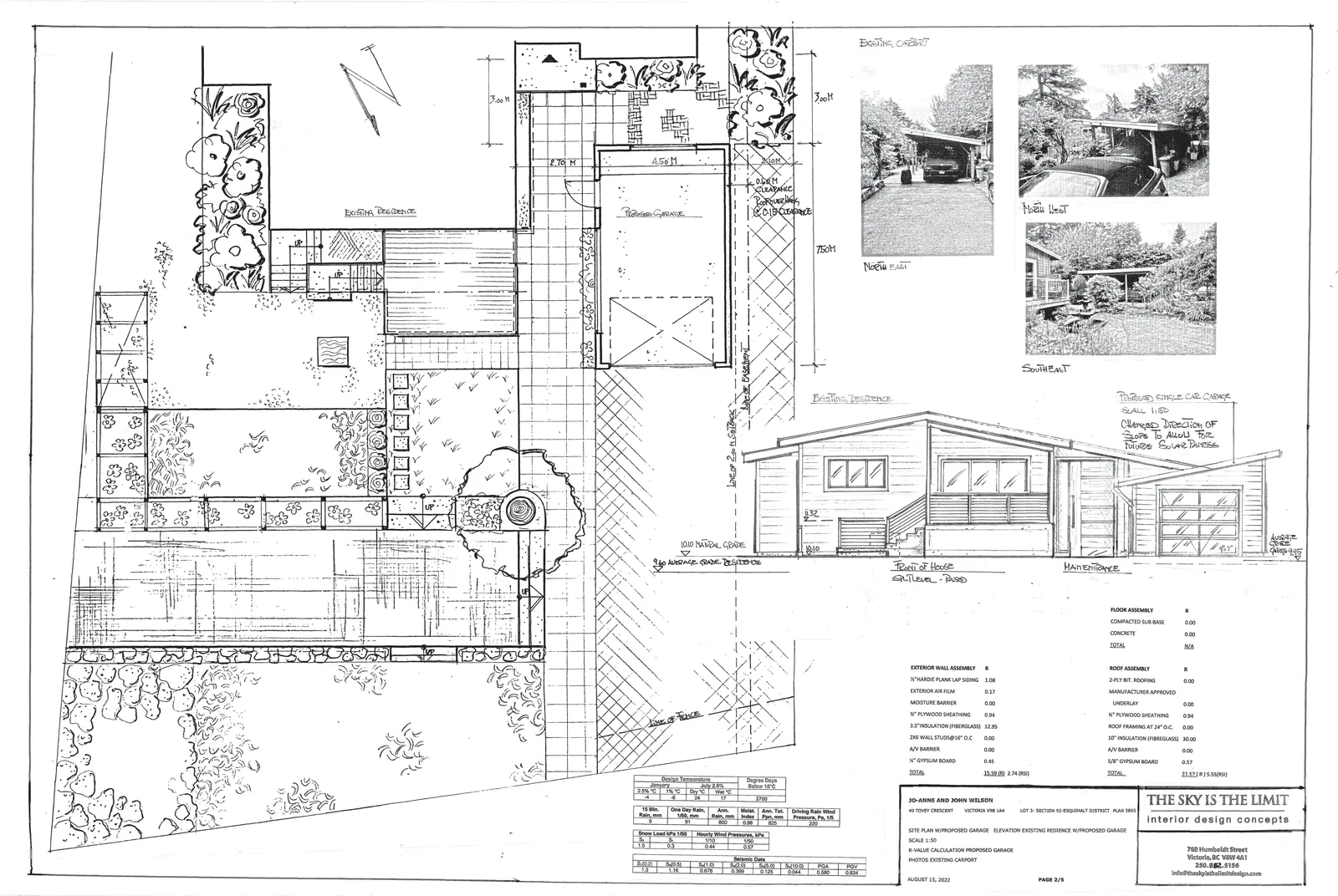 Site plan showing the layout of the existing residence and the proposed garage with property boundaries, landscaping, and dimensions.