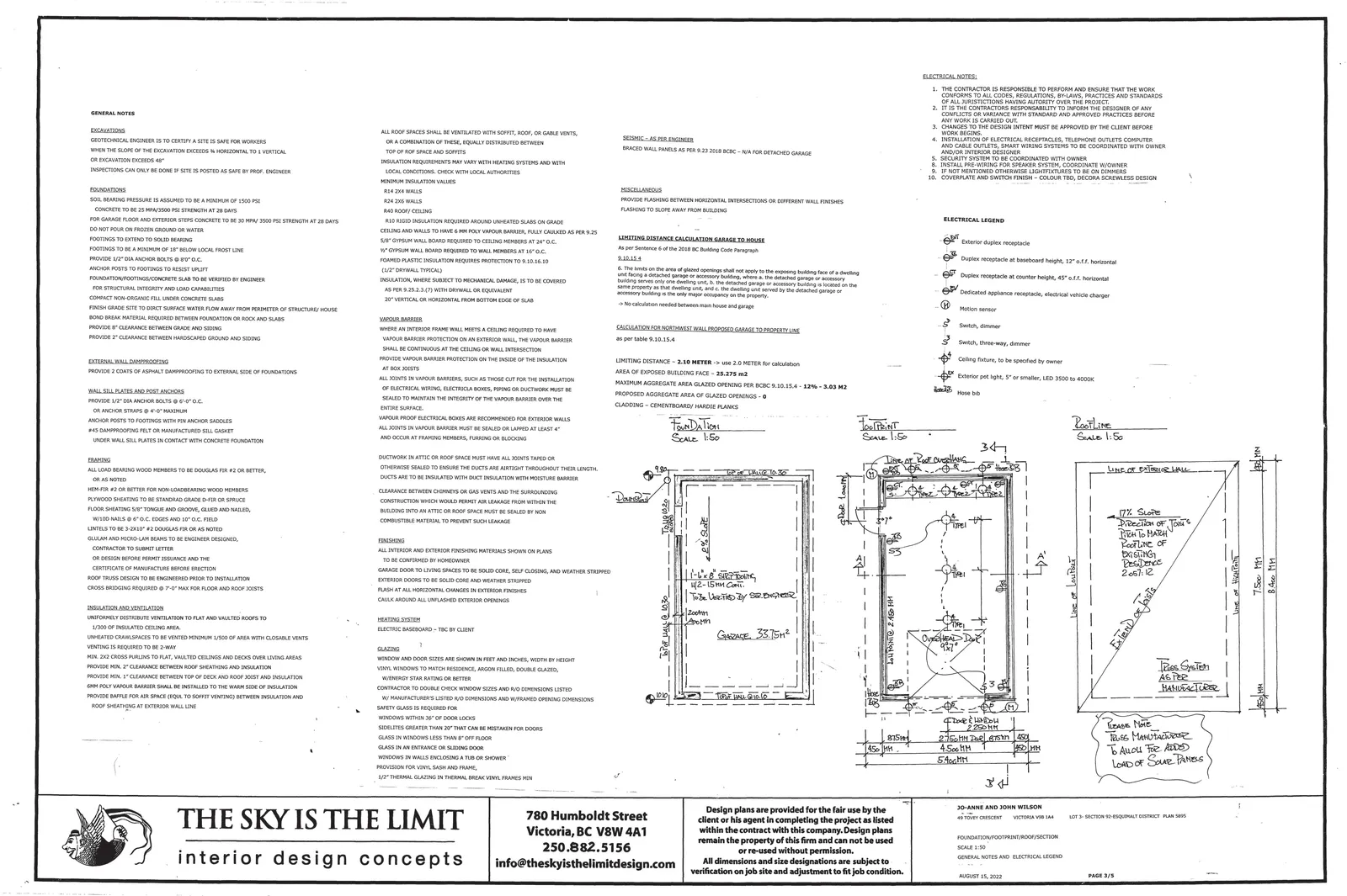 Architectural drawings showing the Foundation Plan, Footprint/Plan, and Roof Line Plan at 1:50 scale, including dimensions and annotations for a garage.