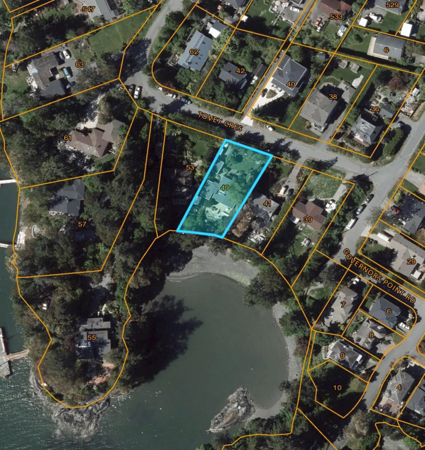 Aerial map showing the subject property at 49 Tovey Crescent highlighted in blue