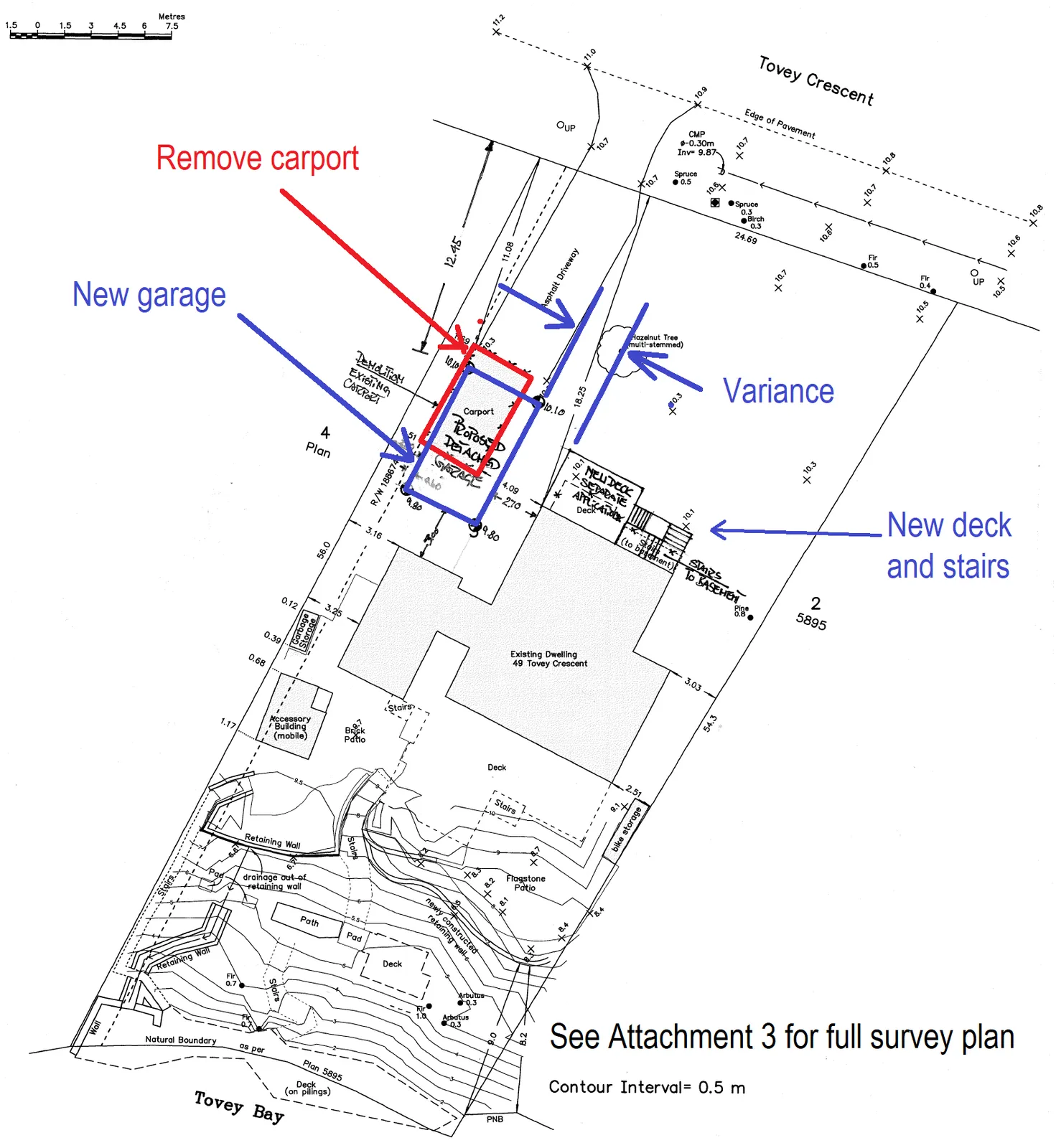 Survey plan diagram illustrating the removal of the existing carport, the location of the proposed new garage, and the requested variance area