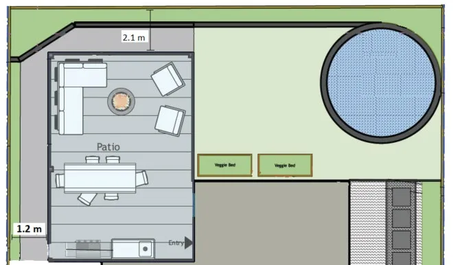 Overhead rendering of the patio layout showing 2.1m and 1.2m setbacks