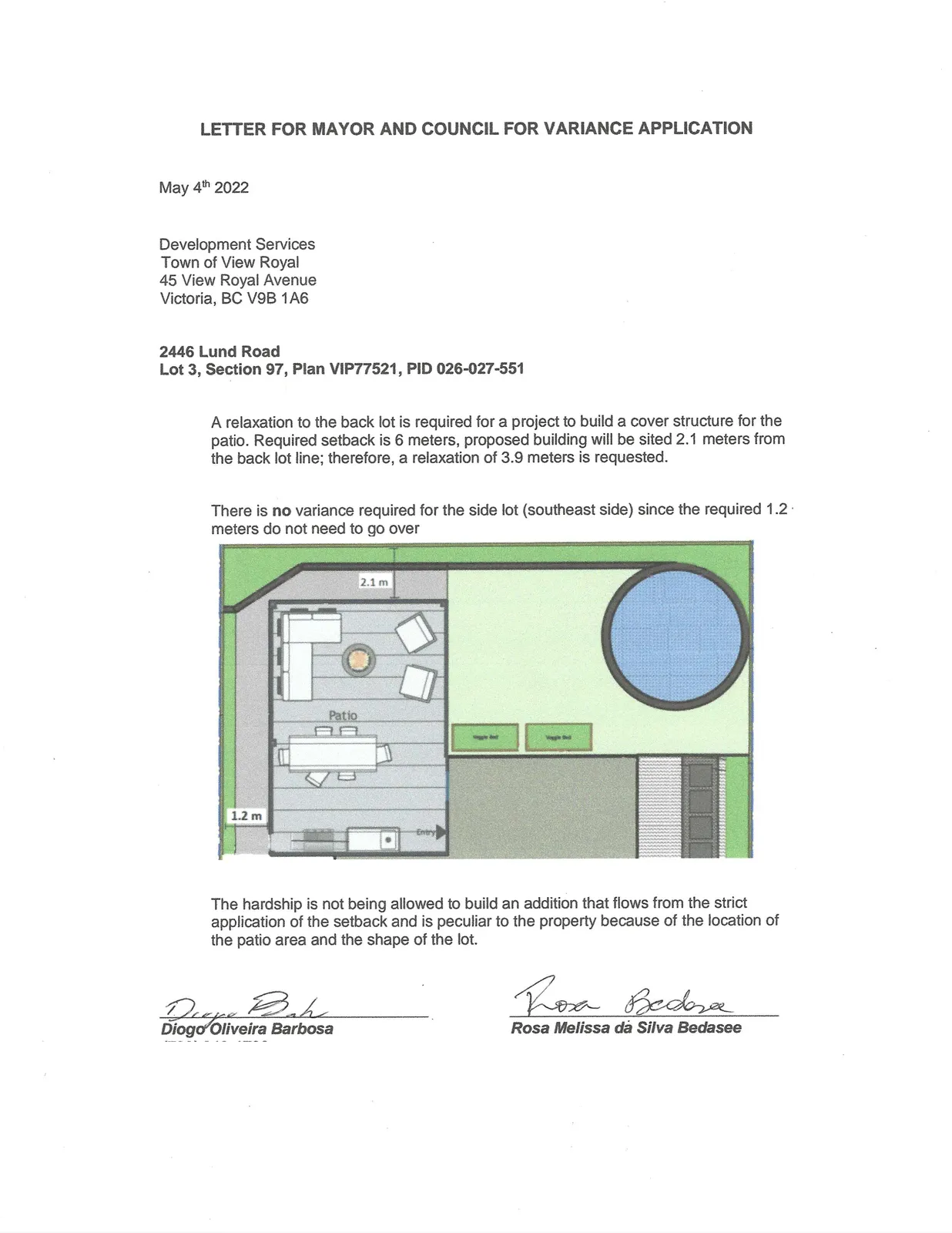 Site plan diagram showing the proposed patio cover structure with 2.1m and 1.2m setbacks indicated