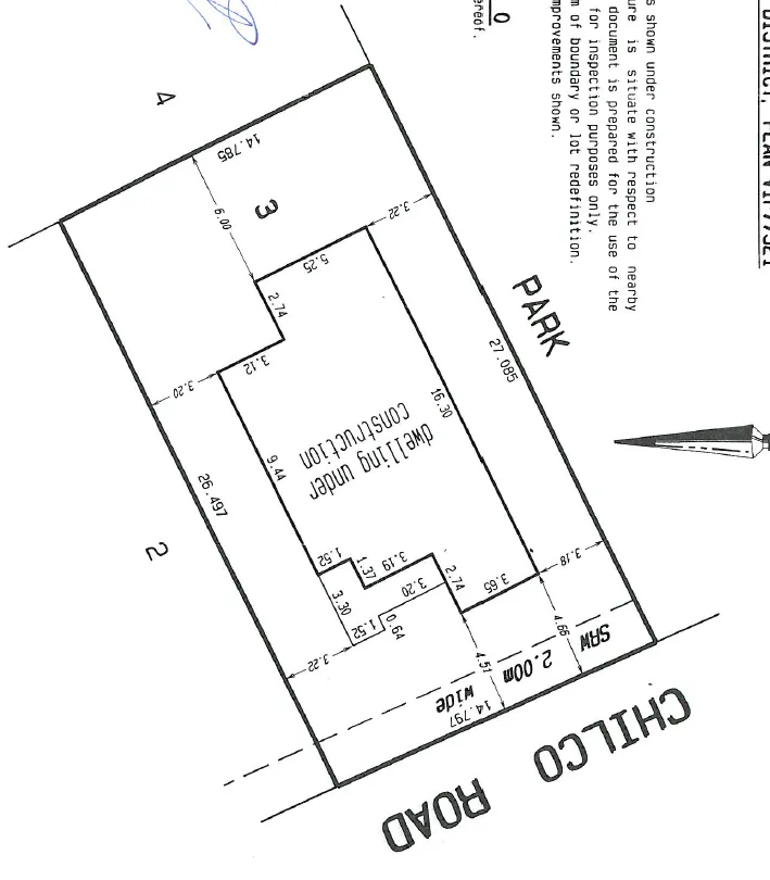Site plan for Lot 3 on Chilco Road, showing a dwelling under construction, an existing patio, and a proposed pergola. The diagram includes lot boundaries, proximity to a park, and specified required setbacks.