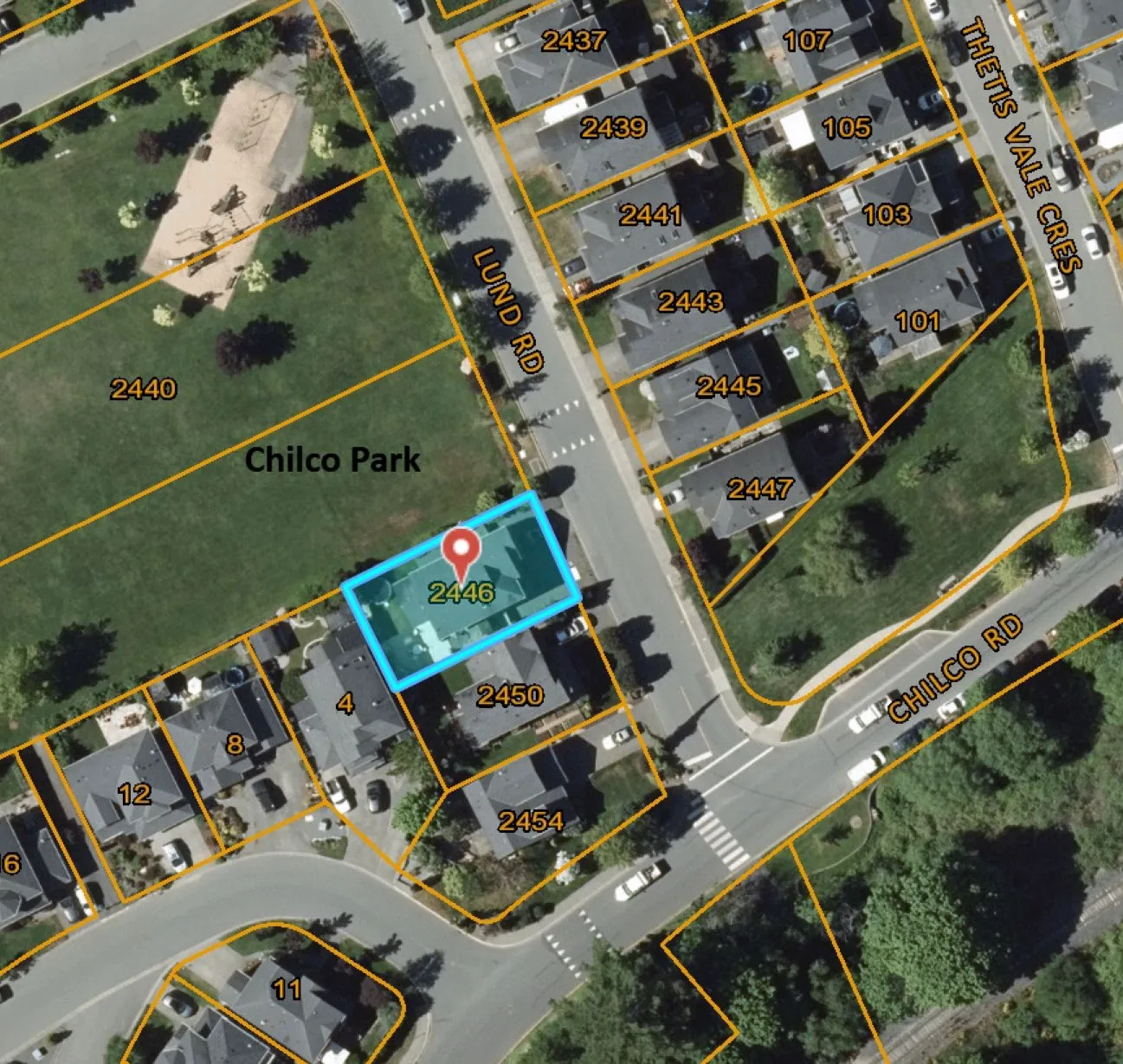 Aerial map showing 2446 Lund Road and surrounding properties including Chilco Park