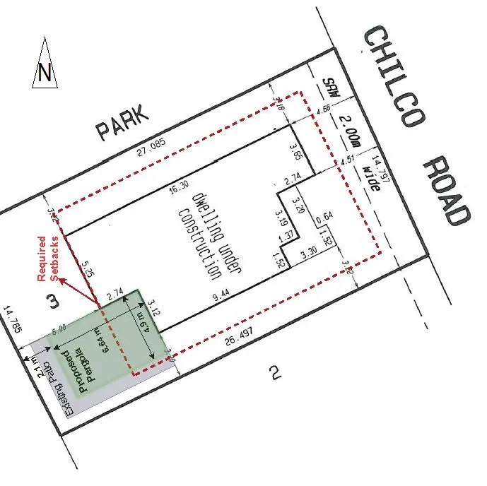 Site plan diagram showing the dwelling under construction and the proposed pergola area with setback measurements