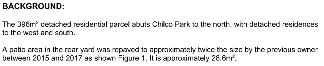 Background text snippet describing the residential parcel and the repaving of a patio area by the previous owner