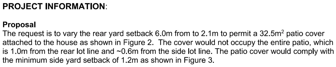 Project Information text snippet describing the proposal to vary the rear yard setback from 6.0m to 2.1m for a patio cover