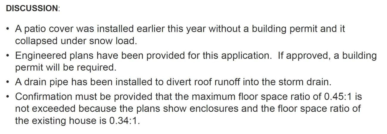Discussion text snippet regarding the patio cover, engineered plans, drain pipe, and floor space ratio