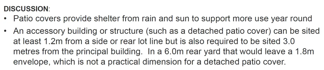 Discussion text snippet describing the use of patio covers and setback requirements for accessory structures