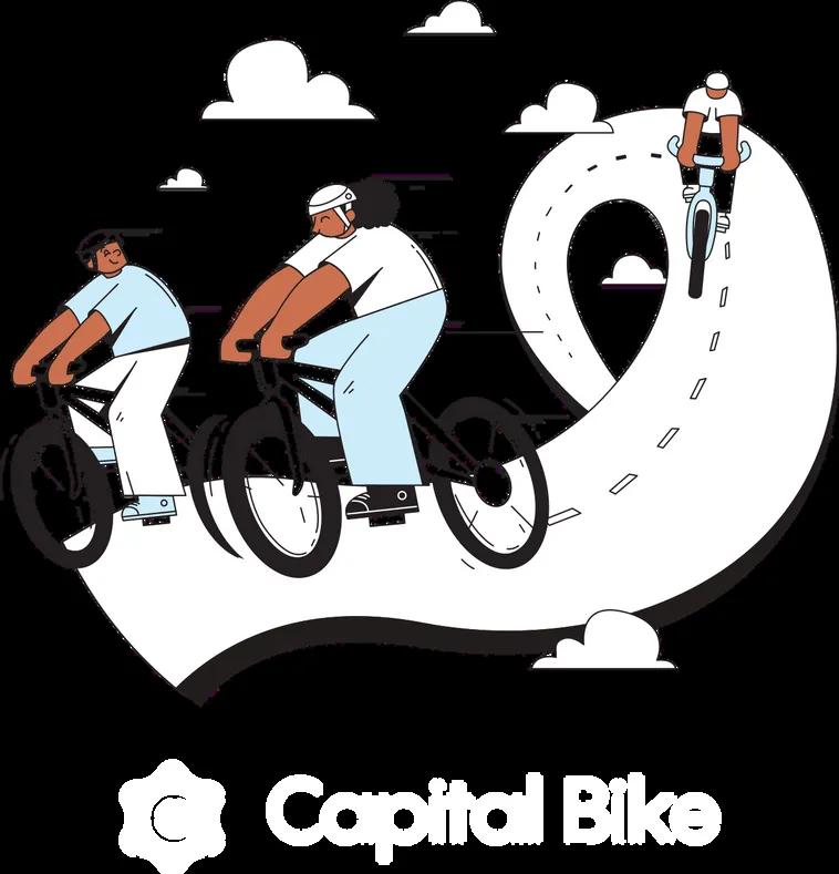 Illustration of three people cycling on a stylized road forming a loop