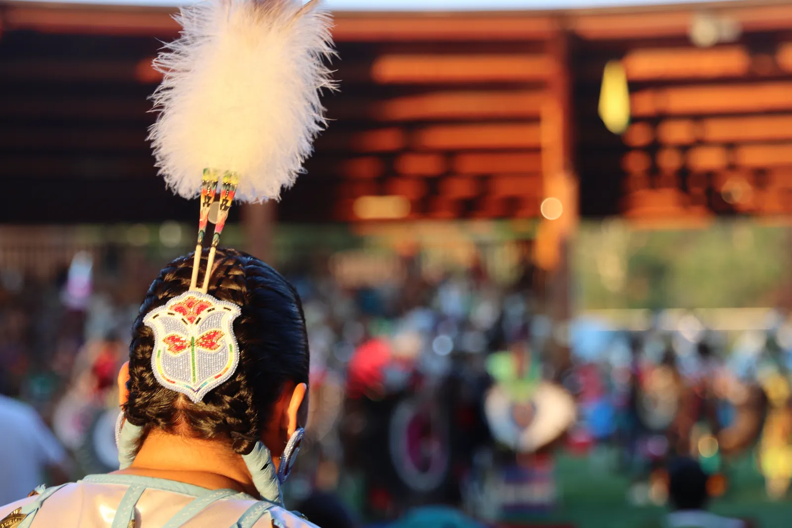 Close-up of a dancer's beaded hair ornament and traditional braided hair