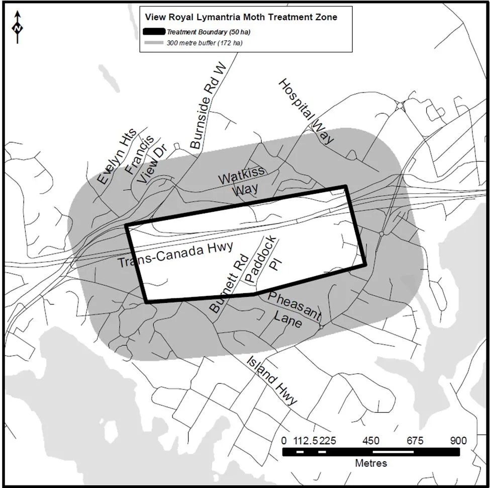 Map of View Royal Lymantria Moth Treatment Zone showing the 50 ha treatment boundary and 300 metre buffer area centered over the Trans-Canada Highway