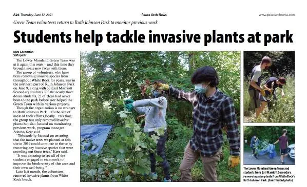 CHEK News article headlined "Vital People: Greater Victoria Green Team volunteers help combat climate change" showing two volunteers planting a tree