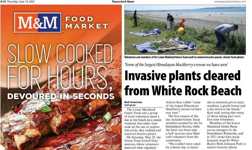 Peace Arch News letter to the editor titled "Green Team teens' efforts lauded" with an image of two youth carrying a heavy bag of green waste