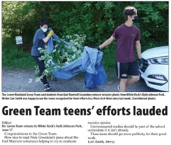 Peace Arch News article headlined "Students help tackle invasive plants at park" showing a student in a mask carrying branches