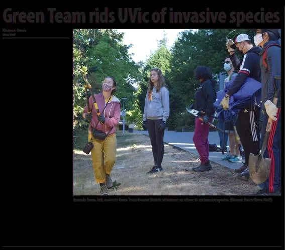 Saanich News article titled "Green Team rids UVic of invasive species" featuring a photo of an instructor and volunteers
